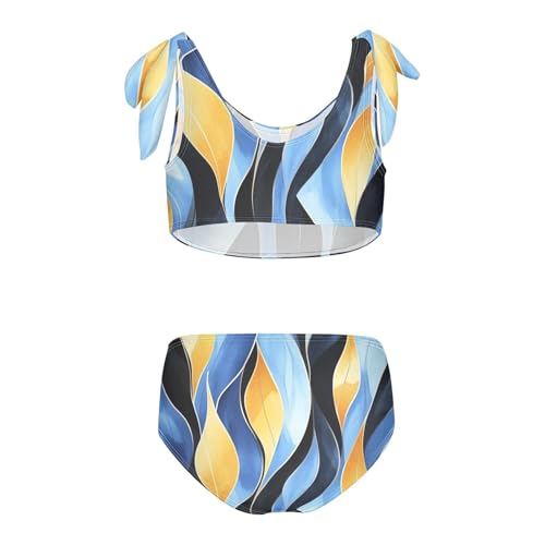 Blue Golden Theme Plant Black Pattern Girl Two Pieces Kids Bikini Set Beach Bathing Suit Swimming Suits Cute Shoulder2