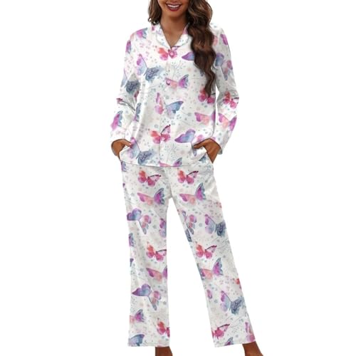 TOFRIMADE Pajamas for Women Set Long Pants Sleepwear Sets Soft Comfy Night Wear V-Neck Loungewear Cute Pajama House Wear, Crystal Butterfly, M