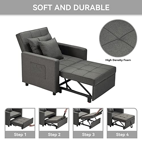 3-In-1 Convertible Pull Out Sleeper Chair Bed, Folding Sofa Bed With Adjustable Backrest, Multi-Functional Single Armchair,Modern Linen Fabric (Linen Dark Grey) #TOP5