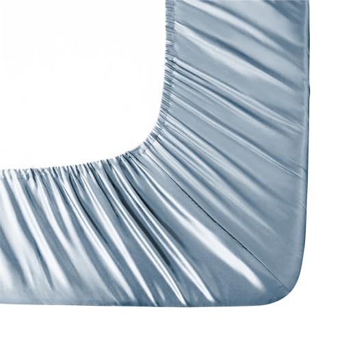 Image of Ersmak Silk Satin Fitted Sheet, Soft Deep Pocket Bottom Luxury Full Fitted Sheet, Wrinkle Free, Breathable, Fade Resistant - Baby Blue
