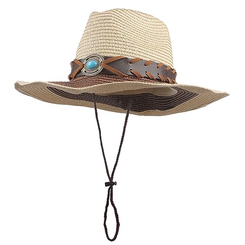 TINAYAUE Straw Western Hat Cowgirl Cowboy Hat for Women Men Outdoor Travel Roll Up Cowboy Hats with Brown Decorative Leather Belt (US, Alpha, One Size, Beige)