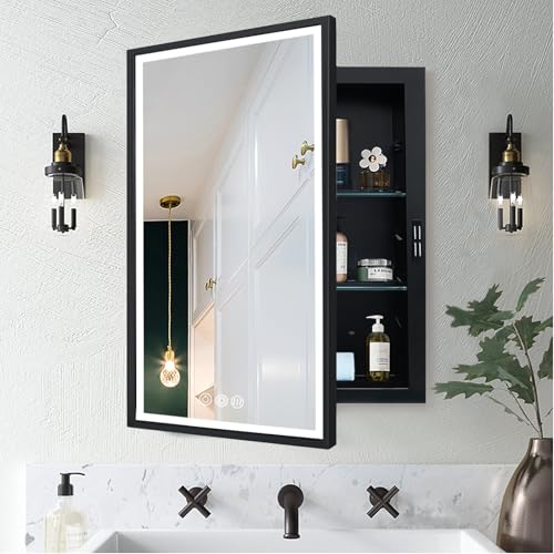 KIMREAL LED Lighted Medicine Cabinet with Mirror, Recessed or Wall Mounted Bathroom Mirror with Storage, Anti-Fog, 3-Color Dimming, Adjustable Shelves, Black Metal Frame - 20x26 inch