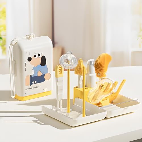 Kesttenn 10-in-1 Baby Bottle Brush Set with Drying Rack & Soap Dispenser, All-in-One Silicone Cleaning Kit for Travel, Includes Nipple & Straw Brushes