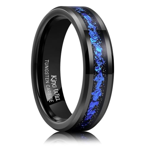 King Will Mens 6mm Black and Blue Tungsten Carbide Wedding Band Foils Inlay Beveled Edge Promise Rings Comfort Fit, Size 8