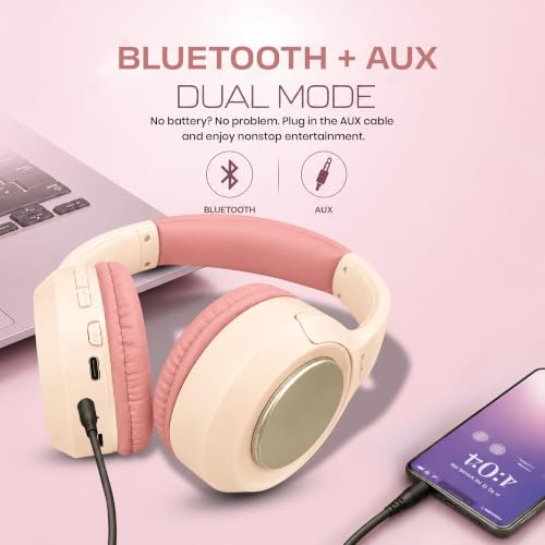 Image of PunnkFunnk BeatXtra Pro Wireless Bluetooth Headphones V5.3, Over-Ear Stereo Headset with 40mm Drivers, Noise Cancelling, Soft Cushioned Ear Cups, 10m Wireless Range, Teen & Adults (Pink)