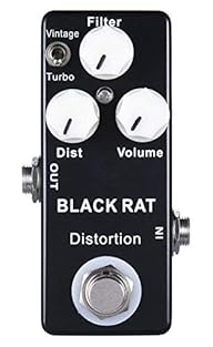 YMUZE Mosky guitar effect pedal for guitar players. One Two-position switch: classic rat distortion and T- turbo rat distortion 3 control knobs: Filter, Dist and Volume adjusting knobs With true bypass switch; 100% analog signal path; ON/ OFF LED ind...