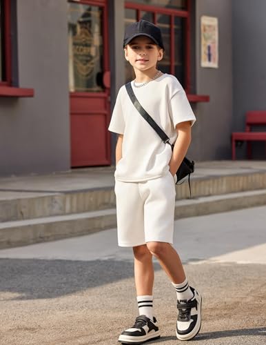 Image of Arshiner Boys Drop Shoulder T-Shirt & Drawstring Waist Shorts Summer Casual Outfits (5-12 Years)