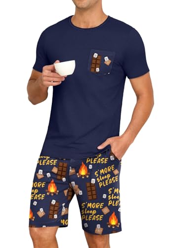 Image of PrinStory Mens Summer Pajamas Set Lightweight Pjs Sets Short Sleeve Pajama Shorts Set Soft Sleepwear Loungewear with Pockets