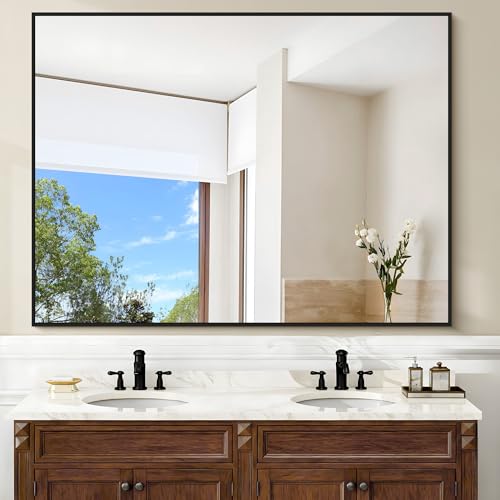 Image of COFENY Black Bathroom Mirror, 48 inchX36 inch Rectangle Mirrors for Wall Metal Frame, Modern Vanity Wall Mirror for Bathroom Living Room, Entryway Hangs Horizontal or Vertical