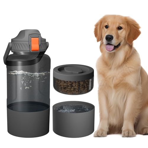 Cibaabo 53oz Large Dog Water Bottle with Water & Food Bowl 3-in-1 Portable Pet Feeding & Hydration Dispenser for Large Dogs & Humans Leak-Proof Tritan Bottle for Hiking Camping Walking Car Trips