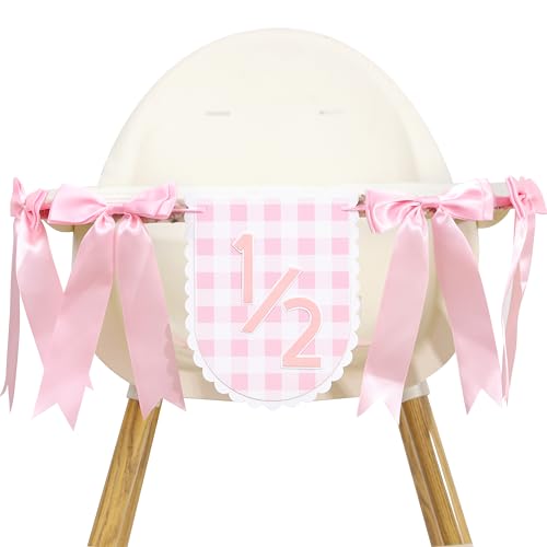 Image of Pink Ribbon Bow 1 /2 Birthday Banner - Sweet 6 Months Birthday Party Decorations,Pink White Gingham Bow Bohemian Garland,Half Way to One Cake Smash,Scalloped Banner Photo Props