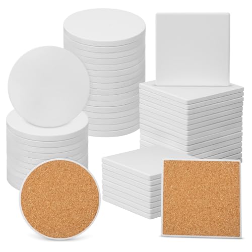 GNIEMCKIN 50 Pieces 4 Inch Round and Square Blank Ceramic Coasters, Unglazed Ceramic Tiles Coasters with Cork Backing Pads for Painting, DIY Crafts, White.