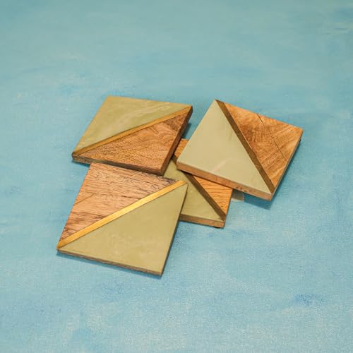 Image of iIreka Home Earth's Edge Coaster Set (Set of 4) - Mango Wood & Mint Resin with Gold Partition, Calm Sophistication - Coffee Table Decor, Modern Cup Coaster for Kitchen, Tea, Coffee Mugs & Glasses