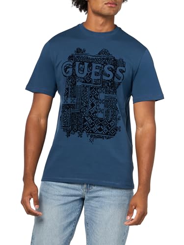 Guess Mens Eco Short Sleeve Guess Flock Box Tee, Endless Blue, Small