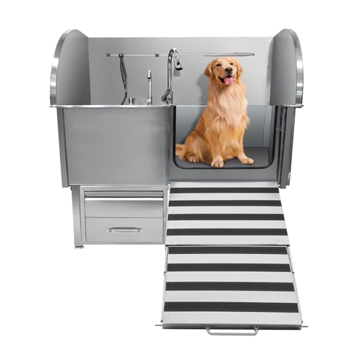 Professional Dog Grooming Tub, 62 in Stainless Steel Dog Wash Station With Foldable Ramp, Storage Drawer, Floor Grate & Faucet/Dog Bathtub for Large, Medium & Small Pets - Right Door (62 in 