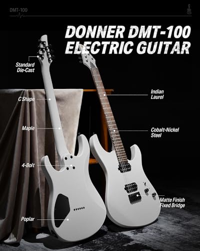 Image of Donner Solid Body Electric Guitar, Matte Finish 39 Inch Metal Electric Guitar Beginner Kits with Bag, Strings, Strap, Cable, Strings Dampener for Rock Music Lover, DMT-100 (Matte White)