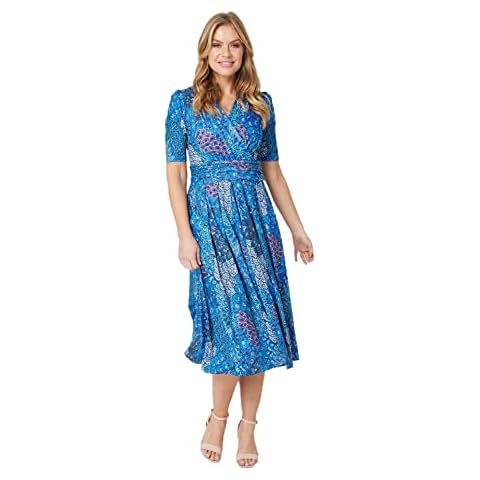 Izabel London Peacock Print Wrap Front Dress with Short Sleeves Pockets v-Neck and a midi Skirt Cobalt Cover
