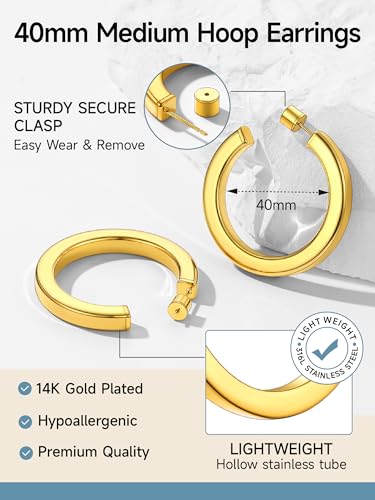 Image of Stainless Steel Chunky Hoop Earrings For Women, Minimalist and Chic, Black /Gold Plated, Round Hoops Earrings Hypoallergenic, Size: 30mm /40mm /60mm /80mm, Come with Box