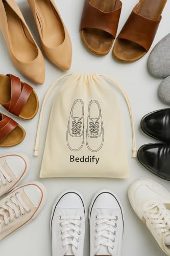 Image of Beddify Pack of 6 Cotton Travel Shoe Cover (14 X 16 Inch) Large Pouch Footwear Organizer Durable Drawstring Bags Suitable for All Size Footwear 100% Cotton Reusable & Washable Shoe Bags - Off White