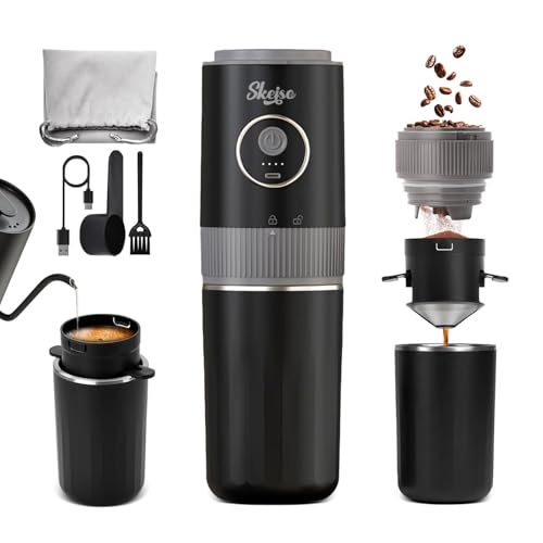 Portable Manual Coffee Brewing Set, USB Rechargeable Coffee Grinder with Stainless Steel Conical Dripper Filter Combo, Multi-Function Coffee Maker Kit for Outdoor Camping Hiking Office Car Travel