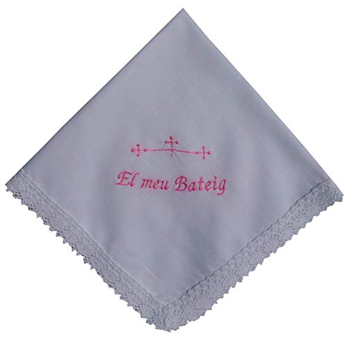 Pañuelo bautizo bordado en catalan letras rosas 35x35 cm