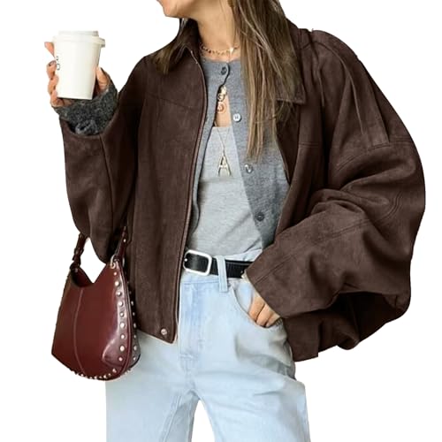 LLECDASEUI Damen Faux Wildleder Bomberjacke Reißverschluss Pilot Mantel lässig Revers überdimensioniert lange Ärmel Y2K Oberbekleidung Mäntel...