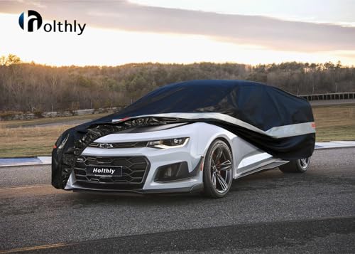 Image of Holhtly Car Cover Custom Fit for Chevrolet Camaro, Car Covers for Automobiles All Weather Waterproof Sun Snow Rain Wind Dust Protection, Outdoor Car Cover Black & Grey