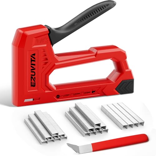 EZUVITA Agrafeuse légère pour bois – Agrafeuse rouge pour tissus d'ameublement avec 2000 agrafes JT21 1/4, 5/16, 3/8 et extracteur d'agrafes pour travaux manuels, bricolage