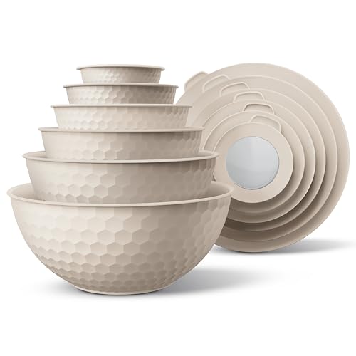 Image of COOK WITH COLOR Mixing Bowls with Lids - 12 Piece Plastic Nesting Bowls Set includes 6 Prep Bowls and 6 Lids, Microwave Safe Mixing Bowl Set, Cream Embossed