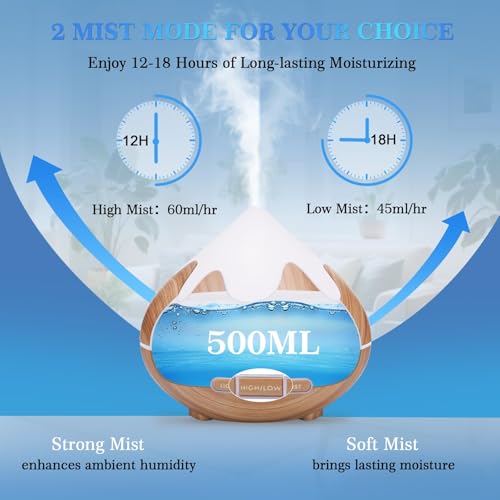 Essential Oil Diffuser for Home 500ML, Ultrasonic Large Diffuser Oil Machine with Remote Control, Aromatherapy Diffusers for Home Office Room, Aroma Diffuser with 14 Color LED & 2 Mist Mode, Brown - Image 3