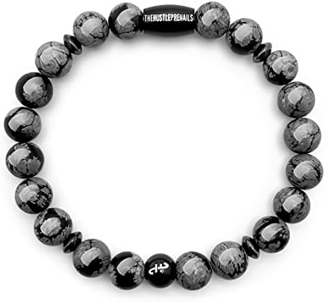 The Hustle Prevails Snowflake Obsidian Gemstone Bracelet – XS Regular and XL Motivational Bracelet – Made of Elegant and Eye-Catching Volcanic Glass – Gift Box – Ideal for Any Modern Man or Woman
