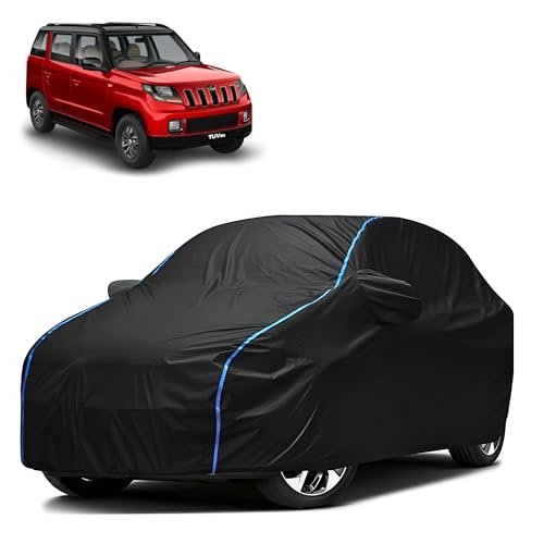 Image of Kerwa Car Body Cover Waterproof with TUV 300, Dust & UV Resistant All-Weather Proof Full Body Cover, Black with Blue Lining, Triple Stitch Elasticated Bottom with Mirror Pocket