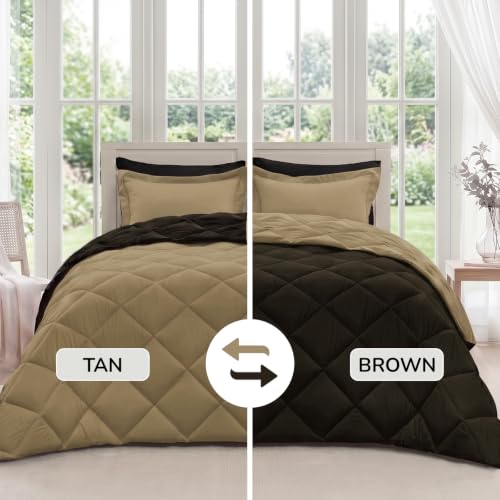 Image of downluxe 7 Pieces King Comforter Set with Sheets, Reversible Bed in a Bag for All Seasons with Comforter, Flat Sheet, Fitted Sheet, 2 Pillowcases and 2 Pillow Shams, Brown /Tan