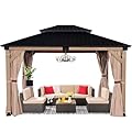 FAB BASED 10x12FT Hardtop Wood Gazebo, Natural Solid Cedar Frame Gazebo with 2-Tier Vented Roof, Outdoor Metal Canopy Pavilion with Netting & Curtains for Deck, Garden, Backyard, Lawn (Khaki)