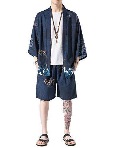image for PRIJOUHE Men's Japanese Style Kimono Tops Pants Sets Lightweight Casua