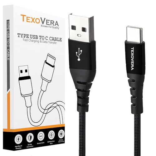 Image of TexoVera 1 Meter USB to Type C 65 Watt Dash /SuperVOOC /WARP Charge Cotton Braided Data Cable with Metal Shell for Smartphones, Tablets, Laptops, 480Mbps Data Sync, Quick Charge 3.0