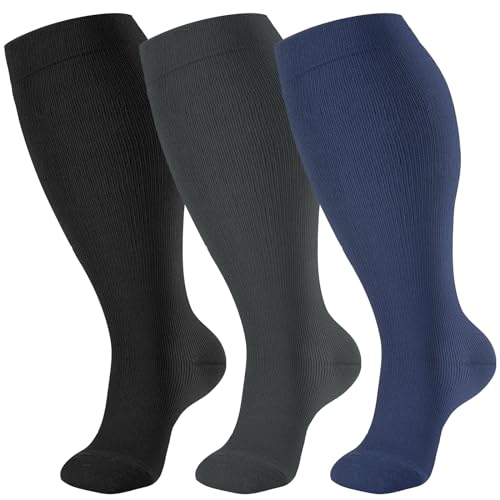 Image of bropite 3 /4 Pairs Plus Size Compression Socks Extra Wide Calf Women&Men 20-30mmHg Support Dancing Cycling Running Climbing