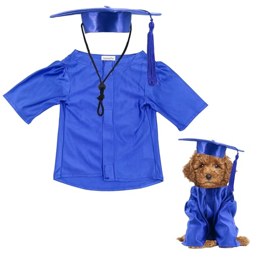 GraduatePro Dog Graduation Cap and Gown Costume Set - Adjustable Knit Fabric with Gold Tassel, 4 Sizes (S/M/L/XL) for Small Dogs & Cats to Medium Dogs, Washable Formal Pet Graduation Attire (Royal)