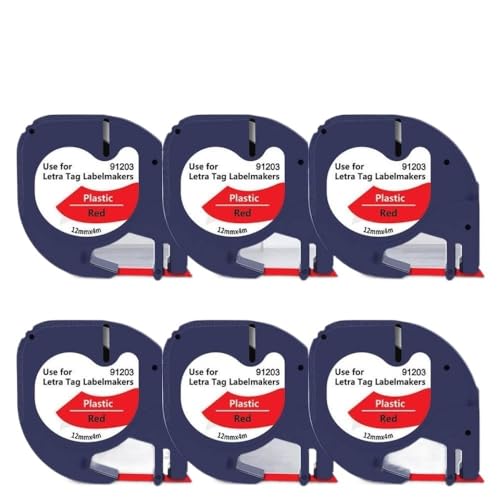6pcs 12mm clear Labeling Tape on LT100H���x���̌����ƌ݊����̂���12267 16952 16951�v���X�`�b�N�e�[�v(Black on Red)