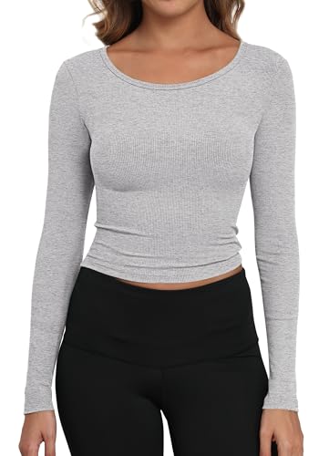 Artfish Women's Casual Basic Ribbed T-Shirts Slim Fitted Boat Neck Long Sleeve Crop Top