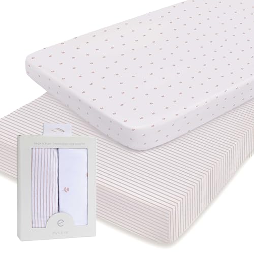 Image of Ely’s & Co. Pack and Play Sheets, for Mini/Portable Crib, 2 Pack Fitted Playpen Play Yard Sheet Set Compatible with Graco Pack n Play, for Baby Girls, 100% Cotton, Pink Tulips and Stripes, 38”x24”x5”