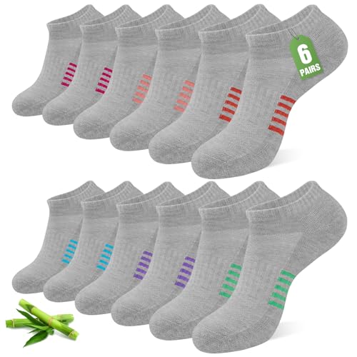 Ankle Socks for Women 6/12 Pairs Bamboo Viscose Breathable Cushioned Moisture Wicking Athletic Running Casual Low Cut Socks Multicolored Gray 8-11