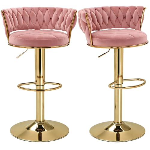 VECELO Bar Stools Set of 2 Adjustable Barstools Counter Height Stools with Back and Arm Velvet Woven Kitchen Island Stools w/Gold Metal Leg Base 360 Swivel Bar Chair Pink