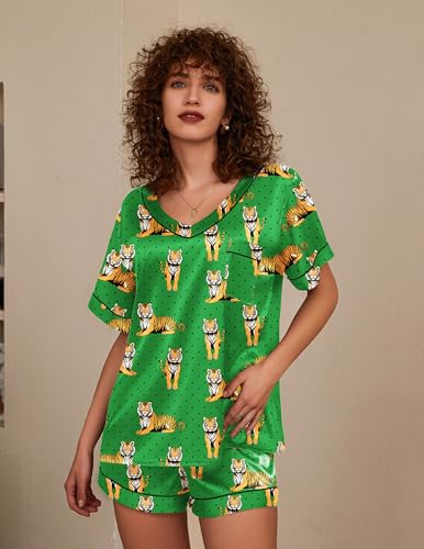 Image of Ekouaer Silk Pajama for Women Short Sleeve Satin Pj Set Two Piece Soft Sleepwear Loungewear S-XXL