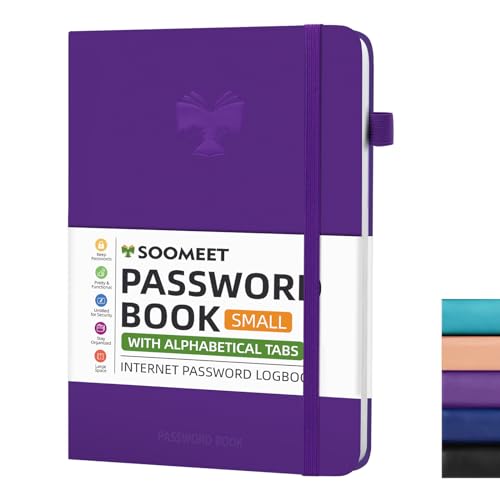 Soomeet Password Book with Alphabetical Tabs, Hardcover Password Keeper, Size 4.4''x 6.1'' Password Notebook for Saving Internet Login, Username, Password Organizer for Computer Website Logins, Purple