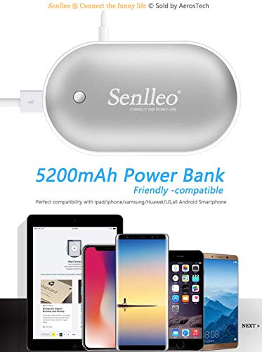Senlleo Rechargeable Hand Warmer, 5200mAh PowerBank : Larger Capacity and Double-Sided Pocket Warmer Compatible with iPad iPhone Samsung All Android Smartphone, Winter Gift for Men Women(Silver) - Thumbnail 7