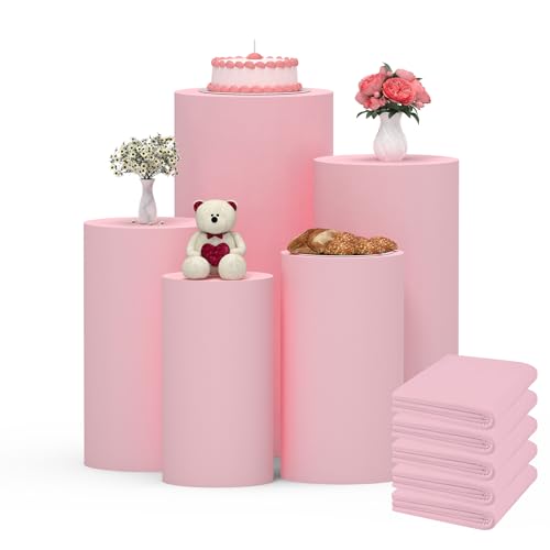 Set of 5 Cylinder Pedestal Covers, Multicolor Cylinder Stands Cover for Party Cylinder Covers for Birthday Wedding Parties Dessert Tables Decor Pink S+M+L+XL+XXL