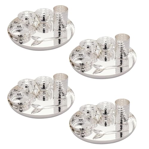 Image of Silverglow Hammered Stainless Steel Dinner Set for 4 People, Silver Plated dinnerware Set of 24 pcs, Diwali Wedding Return Gift, Pure-Silver Plate Set Original