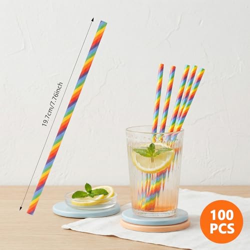 100 Pitillos de Papel Rayados y Colores Arcoíris 19.6 cm miniatura 2