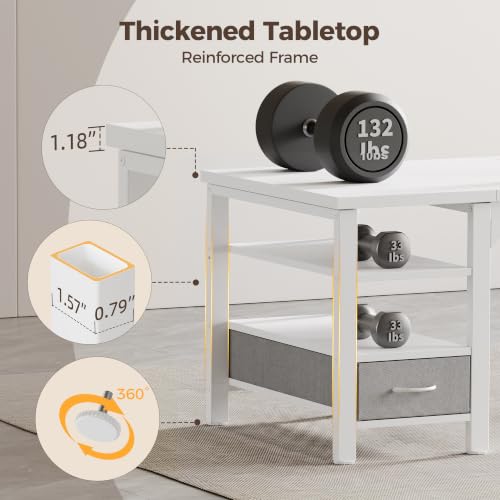 Image of Mericonia 48 inch Computer Desk with Drawer, 1.2 inch Thick Reversible Office Desk | Modern Writing Table with Power Outlets & Storage Shelves, Heavy Duty Industrial Study Desk for Home Bedroom Work